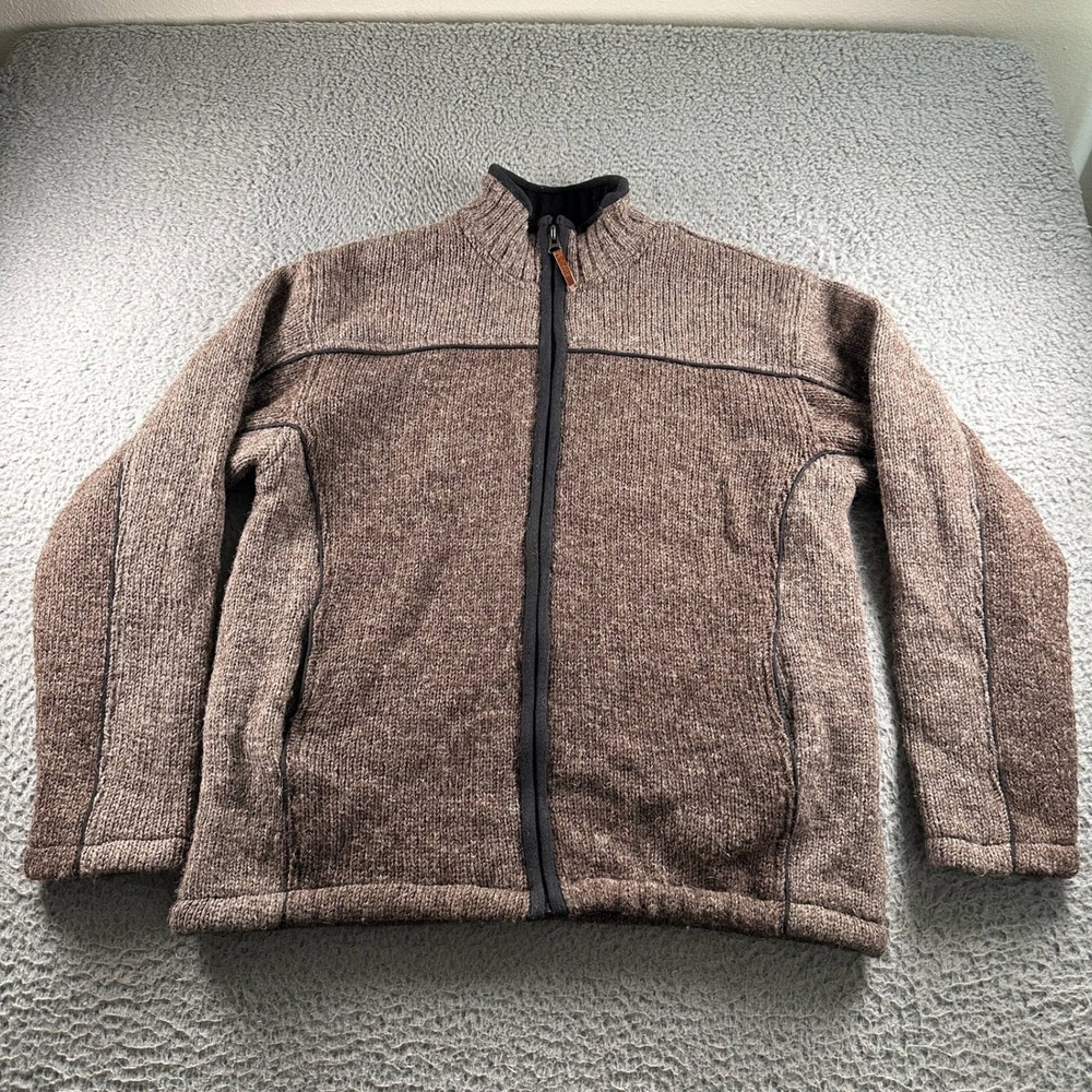 Aran Sweater Market Wool Full Zip Jacket Mens L Brown‎ Lined Irish Sweater